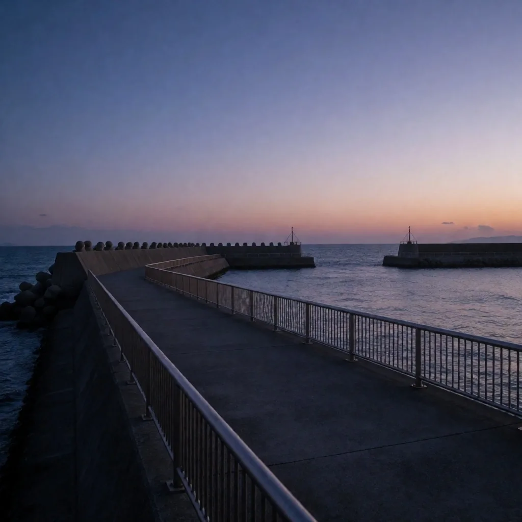 夕暮れの港の遊歩道と防波堤の風景